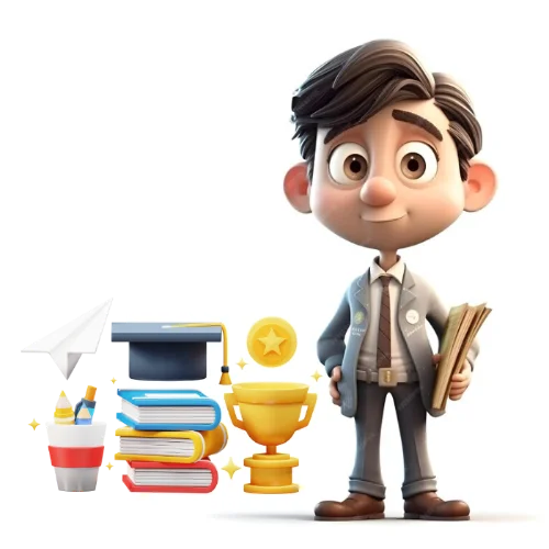 a boy standing with achievements and having books in hand