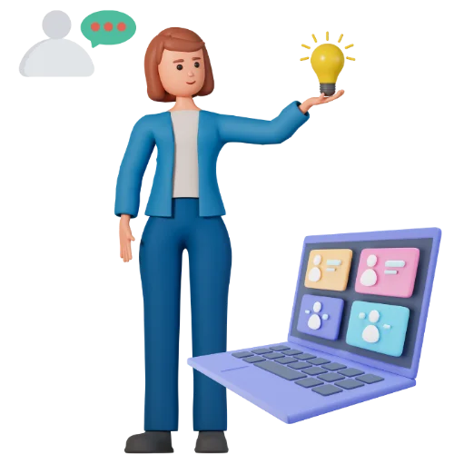 3d render of a lady standing wth laptop with some creative ideas