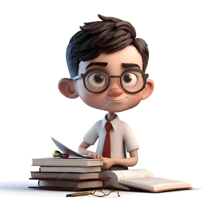 a boy is reading a book with wearing glasses