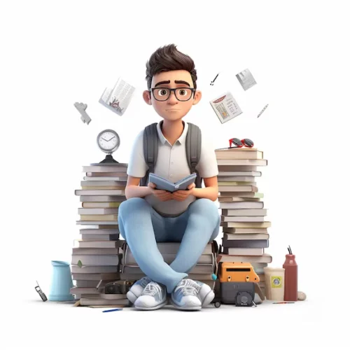 a young boy sitting on a bunch of papers and reading a book